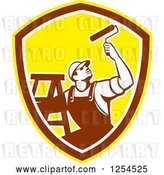 Vector Clip Art of Retro Male Painter with a Ladder and Roller Brush in a Brown and Yellow Shield by Patrimonio