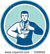 Vector Clip Art of Retro Male Pharmacist with a Mortar and Pestle in a Circle by Patrimonio
