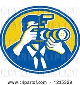 Vector Clip Art of Retro Male Photographer in a Blue and Yellow Oval by Patrimonio