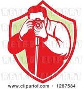 Vector Clip Art of Retro Male Photographer Taking Pictures in a Red White and Green Shield by Patrimonio