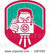 Vector Clip Art of Retro Male Photographer Taking Pictures on a Tripod in a Pink White and Turquoise Shield by Patrimonio