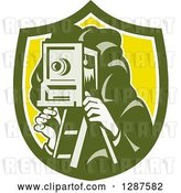 Vector Clip Art of Retro Male Photographer Using a Box Camera in a Green White and Yellow Shield by Patrimonio