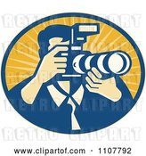 Vector Clip Art of Retro Male Photographer Using a DSLR Zoom Lense Camera in an Oval of Rays by Patrimonio