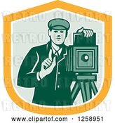 Vector Clip Art of Retro Male Photographer with a Bellows Camera in a Yellow White and Green Shield by Patrimonio