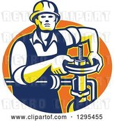 Vector Clip Art of Retro Male Pipe Fitter Plumber Turning a Valve in an Orange Oval by Patrimonio