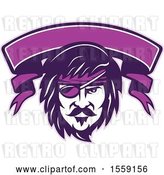 Vector Clip Art of Retro Male Pirate Face with an Eye Patch and a Purple Banner by Patrimonio