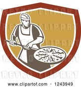 Vector Clip Art of Retro Male Pizzeria Chef with a Pie on a Pan in a Shield by Patrimonio