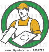 Vector Clip Art of Retro Male Plasterer Holding Trowels in a Green and White Circle by Patrimonio