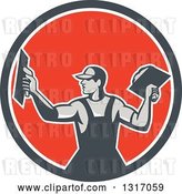 Vector Clip Art of Retro Male Plasterer Holding Trowels in a Navy Blue, White and Red Circle by Patrimonio