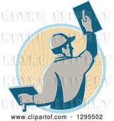 Vector Clip Art of Retro Male Plasterer Working and Emerging from a Blue and Tan Sunshine Circle by Patrimonio