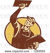 Vector Clip Art of Retro Male Plasterer Working and Emerging from a Brown and Yellow Oval by Patrimonio