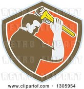 Vector Clip Art of Retro Male Plumber Bowing and Holding a Monkey Wrench to His Head in a Blue Brown White and Orange Shield by Patrimonio