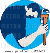 Vector Clip Art of Retro Male Plumber Bowing and Holding a Monkey Wrench to His Head in a Blue Circle by Patrimonio