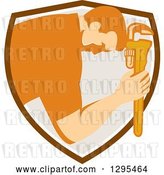 Vector Clip Art of Retro Male Plumber Bowing and Holding a Monkey Wrench to His Head in a Shield by Patrimonio
