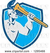 Vector Clip Art of Retro Male Plumber Holding a Giant Monkey Wrench in a Blue and White Shield by Patrimonio