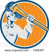 Vector Clip Art of Retro Male Plumber Holding a Giant Monkey Wrench in a Blue Orange and White Circle by Patrimonio