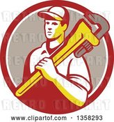 Vector Clip Art of Retro Male Plumber Holding a Giant Monkey Wrench over His Shoulder in a Red White and Taupe Circle by Patrimonio