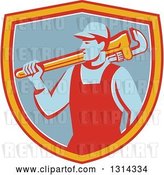 Vector Clip Art of Retro Male Plumber Holding a Giant Monkey Wrench over His Shoulder in a Red Yellow White and Blue Shield by Patrimonio