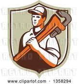 Vector Clip Art of Retro Male Plumber Holding a Giant Monkey Wrench over His Shoulder in a Shield by Patrimonio