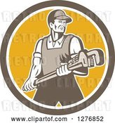Vector Clip Art of Retro Male Plumber Holding a Large Monkey Wrench in a Brown White and Yellow Circle by Patrimonio
