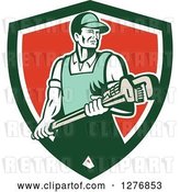Vector Clip Art of Retro Male Plumber Holding a Large Monkey Wrench in a Green White and Red Shield by Patrimonio