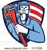 Vector Clip Art of Retro Male Plumber Holding a Monkey Wrench and Amerging from an American Flag Shield by Patrimonio