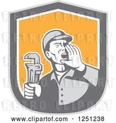Vector Clip Art of Retro Male Plumber Holding a Monkey Wrench and Calling out in a Shield by Patrimonio