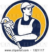Vector Clip Art of Retro Male Plumber Holding a Monkey Wrench and Looking to the Side in a Blue White and Yellow Circle by Patrimonio