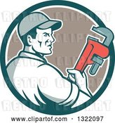 Vector Clip Art of Retro Male Plumber Holding a Monkey Wrench and Looking to the Side in a Teal White and Tan Circle by Patrimonio