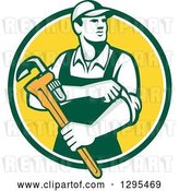Vector Clip Art of Retro Male Plumber Holding a Monkey Wrench and Rolling up His Sleeves in a Green White and Yellow Circle by Patrimonio