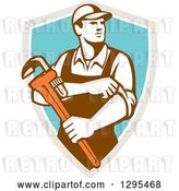 Vector Clip Art of Retro Male Plumber Holding a Monkey Wrench and Rolling up His Sleeves in a Taupe White and Turquoise Shield by Patrimonio