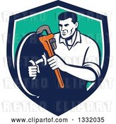 Vector Clip Art of Retro Male Plumber Holding a Monkey Wrench and Shield in a Blue White and Turquoise Shield by Patrimonio