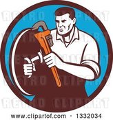 Vector Clip Art of Retro Male Plumber Holding a Monkey Wrench and Shield in a Brown and Blue Circle by Patrimonio