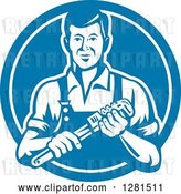 Vector Clip Art of Retro Male Plumber Holding a Monkey Wrench in a Blue and White Circle by Patrimonio