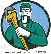 Vector Clip Art of Retro Male Plumber Holding a Monkey Wrench in a Green and Blue Circle by Patrimonio