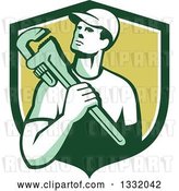 Vector Clip Art of Retro Male Plumber Holding a Monkey Wrench in a Green and White Shield by Patrimonio