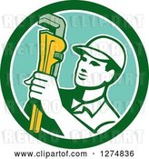 Vector Clip Art of Retro Male Plumber Holding a Monkey Wrench in a Green White and Turquoise Circle by Patrimonio