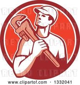 Vector Clip Art of Retro Male Plumber Holding a Monkey Wrench in a Red and White Circle by Patrimonio
