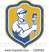 Vector Clip Art of Retro Male Plumber Holding a Monkey Wrench in a Shield by Patrimonio
