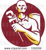 Vector Clip Art of Retro Male Plumber Holding a Monkey Wrench in Front of a Tank in a Maroon Circle by Patrimonio