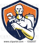 Vector Clip Art of Retro Male Plumber Holding a Monkey Wrench in Front of a Tank in a Navy Blue, White and Orange Shield by Patrimonio