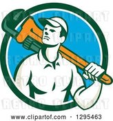 Vector Clip Art of Retro Male Plumber Holding a Monkey Wrench over His Shoulder in a Blue White and Green Circle by Patrimonio