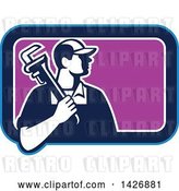 Vector Clip Art of Retro Male Plumber Holding a Monkey Wrench over His Shoulder in a Blue White and Purple Rectangle by Patrimonio