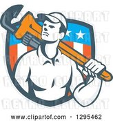 Vector Clip Art of Retro Male Plumber Holding a Monkey Wrench over His Shoulder in an American Shield by Patrimonio