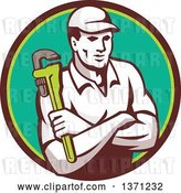 Vector Clip Art of Retro Male Plumber Holding a Monkey Wrench, with Folded Arms in a Brown and Green Circle by Patrimonio
