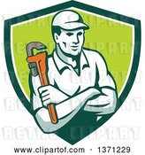 Vector Clip Art of Retro Male Plumber Holding a Monkey Wrench, with Folded Arms in a Green and White Shield by Patrimonio
