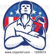 Vector Clip Art of Retro Male Plumber with Folded Arms and a Monkey Wrench Emerging from an American Circle by Patrimonio