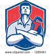 Vector Clip Art of Retro Male Plumber with Folded Arms, Holding a Monkey Wrench in a Blue White and Red Shield by Patrimonio