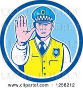 Vector Clip Art of Retro Male Police Guy Gesturing to Stop in a Blue and White Circle by Patrimonio