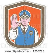 Vector Clip Art of Retro Male Police Guy Gesturing to Stop in a Brown White and Orange Shield by Patrimonio